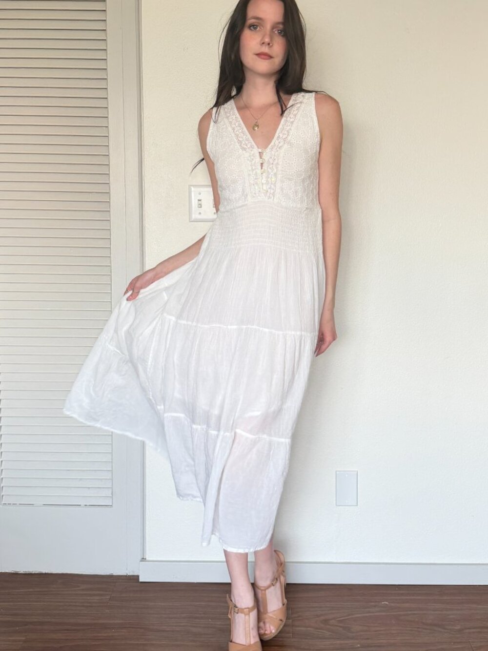 Y2K Cotton Sundress (S) small white vintage midi sequin cute boho preppy girlie
